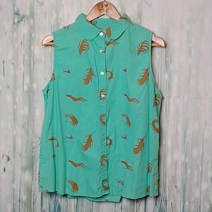 Poler sleeveless button down sea foam green with surfer graphics large